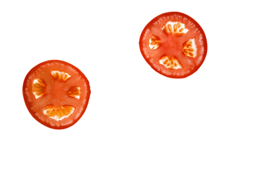 Two Translucent Tomato Slices on White, Edible Circles.
