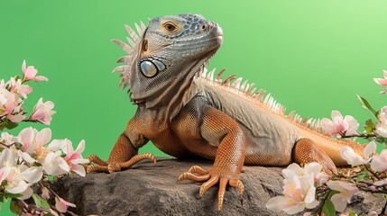Fototapeta premium Vibrant iguana portrait amidst blossoming spring flowers.