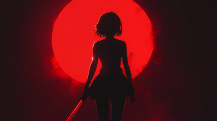 Crimson Dawn: Silhouette of an individual poised before a vibrant, fiery celestial body, reflecting determination and inner strength against a backdrop of deep red.