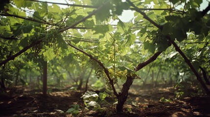 Fototapeta premium Verdant grapevines stretch across a sunlit vineyard, with young green grapes hanging amid lush leaves, showcasing growth and abundance.