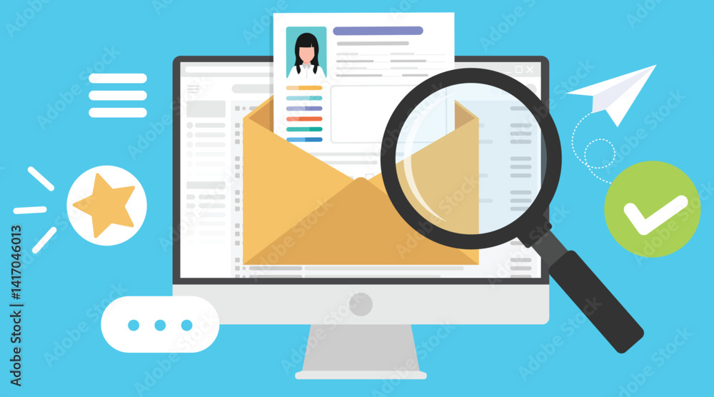 Poster envelope email of resume document searching by magnifying glass in front of computer screen.
