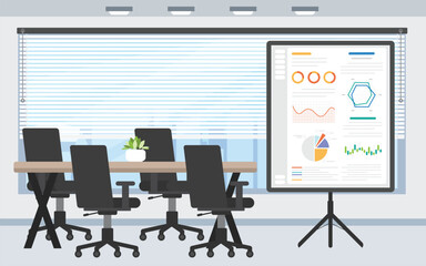 Meeting room interior with display data screen showing.