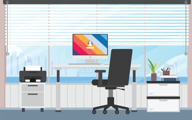 Office room with a single working desk, PC computer screen in front view working in high floor office.