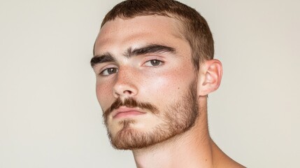 Obraz premium Close-up portrait of a young man with short brown hair and a trimmed beard