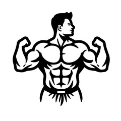 Fototapeta premium Muscular man flexing arms in black and white fitness icon, strength symbolism