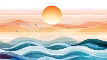 Spectacular sunset over calm sea, a tranquil scene with birds in silhouette