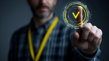Man holding button with yellow tick, symbolizing approval, completion, and success