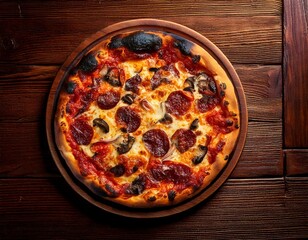 Top down view of a burnt pizza with burnt crust and toppings, on a rustic wooden table, kitchen disaster theme