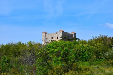 View of Nehaj fortress with sprintime mediterranean shrubs and trees in Senj, Croatia