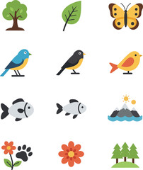 Nature and Wildlife Flat Icons – Eco-Friendly Vector Collection of Animals, Trees, and Forest Symbols