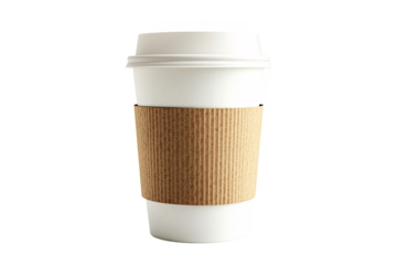 A comforting cup of coffee to go, ready for a busy day, wrapped in a warm brown cardboard sleeve against a clean white background.