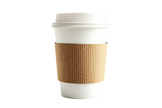 A comforting cup of coffee to go, ready for a busy day, wrapped in a warm brown cardboard sleeve against a clean white background.