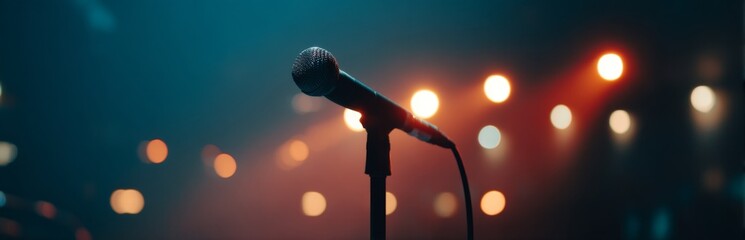 Obraz premium Stage Microphone Awaits Performer Under Bright Lights, Ready for a Performance
