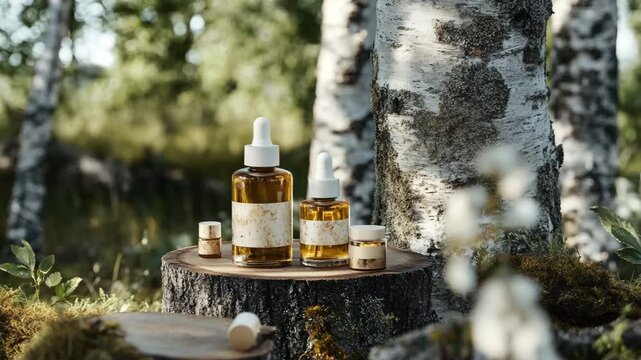 Three bottles of oil are displayed on a log in a forest setting. The bottles are labeled with the word "oil" and are arranged in a row. Concept of natural beauty and tranquility
