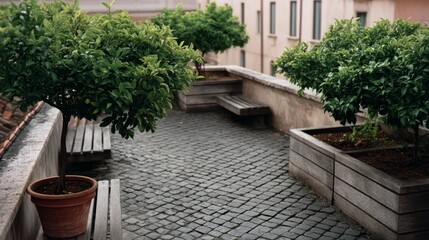 A charming rooftop pathway with potted plants and stone benches forms a cozy urban retreat, blending simplicity with nature.
