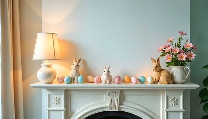 Cozy Easter Home Interior with Decorated Mantel, Flowers, and Blank Wall Space

