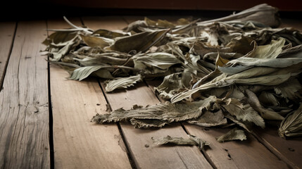 A collection of dried leaves scattered on a wooden floor evokes a sense of nostalgia and nature. Ideal for use in rustic-themed designs or nature-related projects.