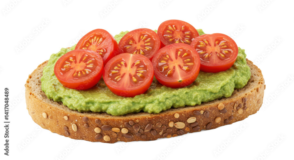 Poster a close up of a slice of bread with avocado and sliced tomatoes on top against a black background