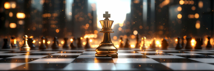 King's Gambit: A gleaming golden king chess piece presides over a strategic battlefield. With city lights ablaze in the background, the scene is set for a high-stakes game of strategy and dominance.