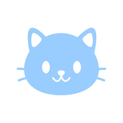 Blue cat face icon vector illustration. Cute flat feline head in pastel color with whiskers and ears. Minimal pet design for kids, animal stickers, emoji, or nursery themes. 