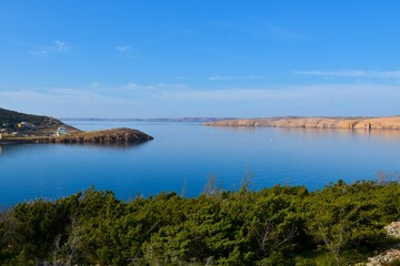 View of the Adriatic sea with Rab island Stinica harbour in Croatia