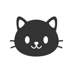 Vector illustration of a cute black cat head in flat minimal style. Hand drawn animal face icon with rounded ears and whiskers. Simple cartoon pet design element. 