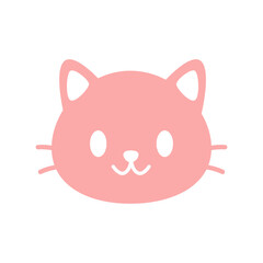 Vector illustration of a cute pink cat head in flat pastel style. Hand drawn cartoon animal face with rounded ears and whiskers. Soft and playful feline design for kids. 