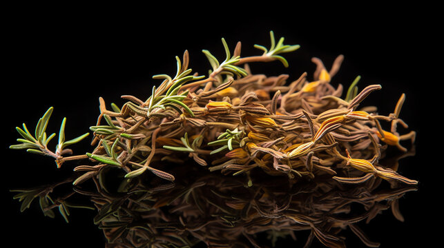 Aromatic cumin seeds beautifully scattered on a dark surface showcasing their rich texture and earthy tones Ideal for culinary and food photography projects.