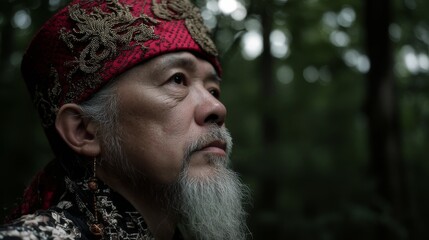 A wise-looking man in a regal red headpiece contemplates amidst dense, serene foliage, suggesting deep thought.