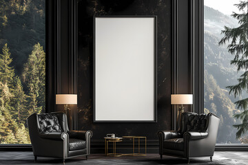 Fototapeta premium Luxury Interior with Mountain View: An elegantly designed room with luxurious furnishings, a framed picture, and a breathtaking mountain view.