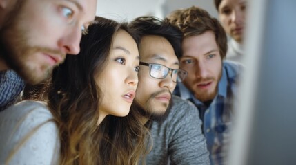 A group of diverse people gaze intently at a computer screen, united by curiosity and collaboration in a shared moment of focused engagement.