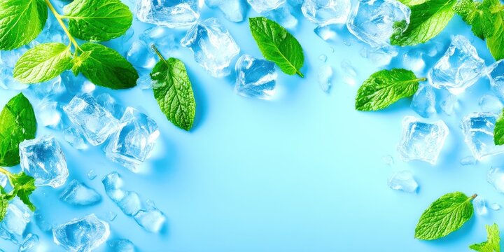 A blue background with a green leaf and ice cubes - Powered by Adobe