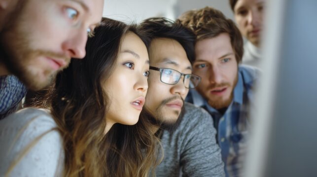 A group of diverse people gaze intently at a computer screen, united by curiosity and collaboration in a shared moment of focused engagement.