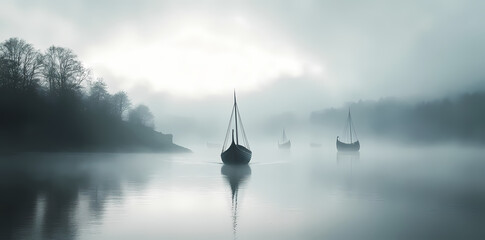 Fototapeta premium Misty Waters: A serene expanse of water shrouded in a delicate mist, with silhouetted boats gently resting, reflecting in the tranquil surface, evoking a sense of calm and introspection.