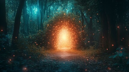 Fototapeta premium Glowing portal opens in forest, revealing a vibrant magical world filled with light and wonder