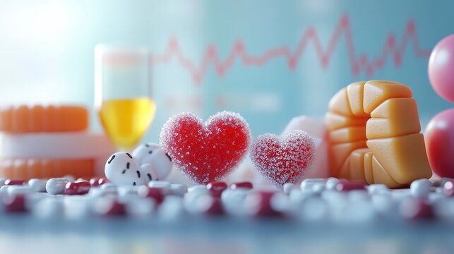 Effects of high sugar consumption on insulin levels and blood sugar illustrated with various sweets and medical charts