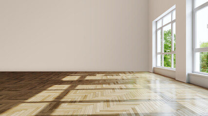 Empty luxury modern Room with a large window and Natural Light, Modern interior design with a light empty mock-up wall. 