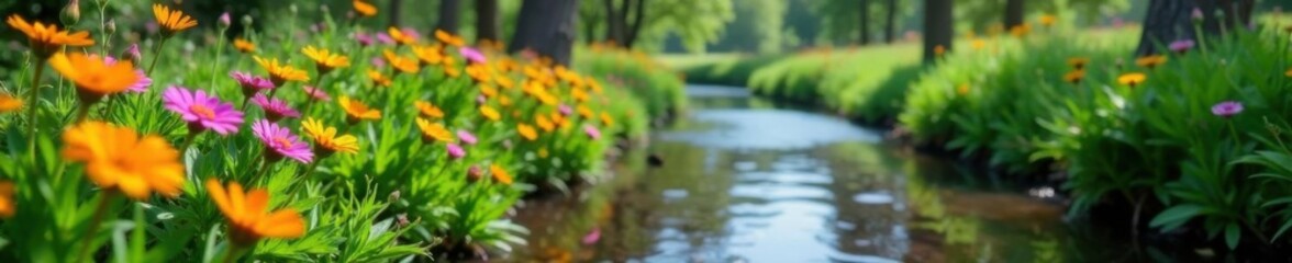 Naklejka premium Vibrant wildflowers bloom beside a gentle brook, nature, forest