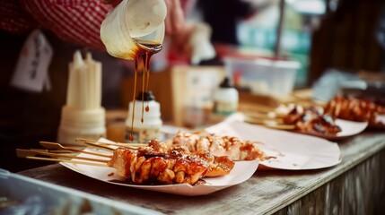 A street food vendor pours rich sauce over skewered meats, capturing the enticing aroma and sizzling sounds of a bustling food market.