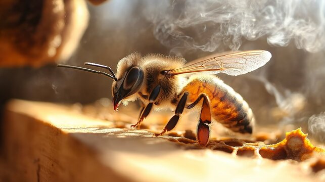 Beekeeper uses smoke to calm bees during hive inspection at a sunny farm