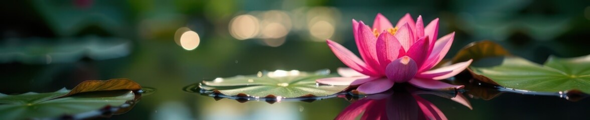 Bright pink nymphaeas split by pond shade; half sunlit, half dark , bright, aquatic