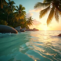 Sunset paradise Palm trees and ocean bliss