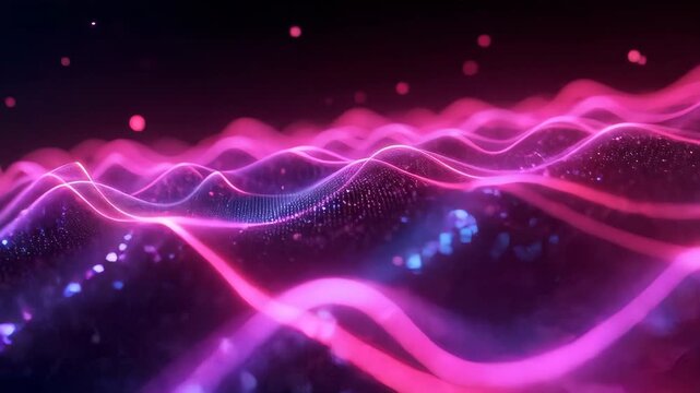Abstract futuristic background with glowing neon lines, dancing particles and techno energy waves in synth style, perfect for music visuals, electronic VJ loops and digital stage animation in 4K