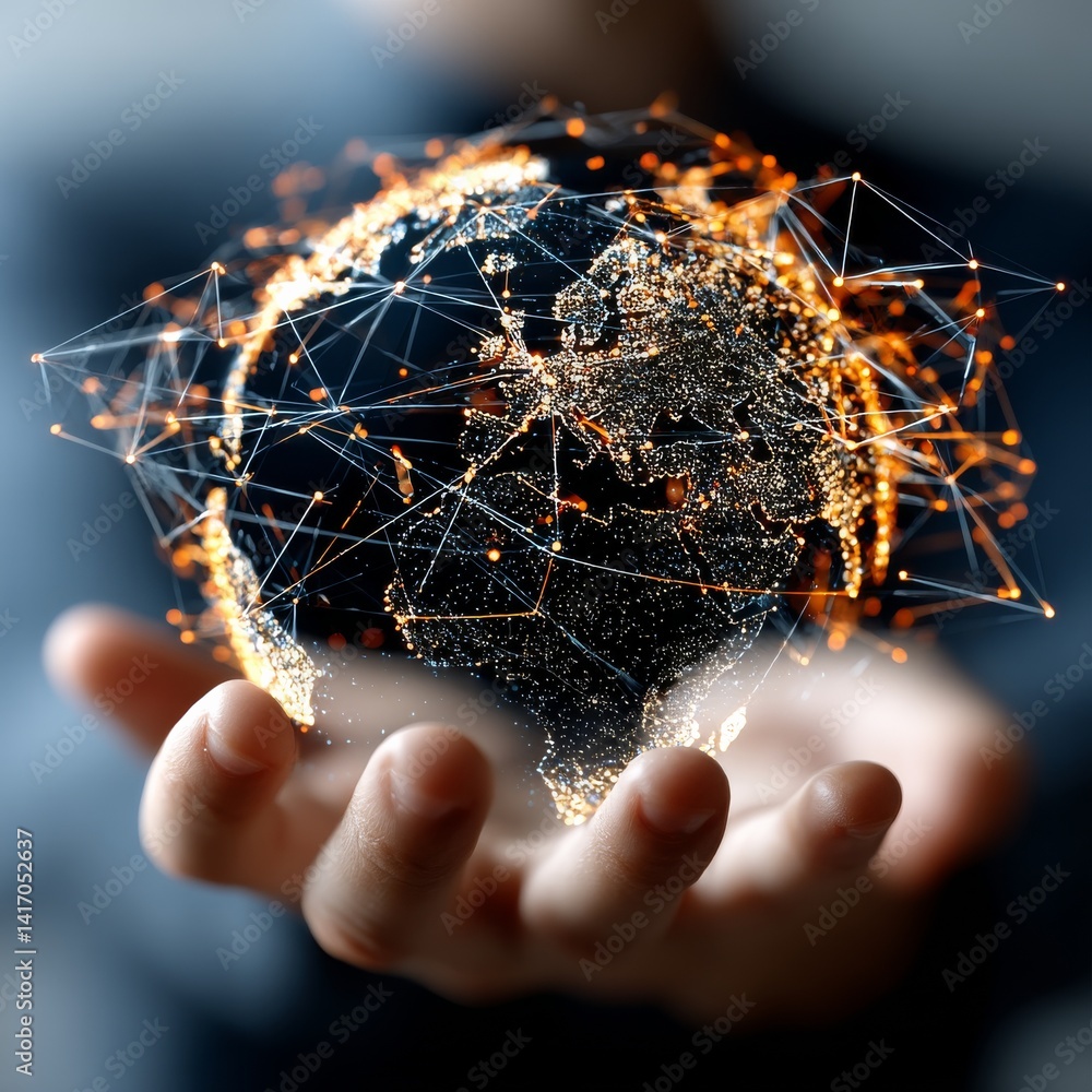 Poster global connection: networked world in the palm of hand, representing digital transformation and worl
