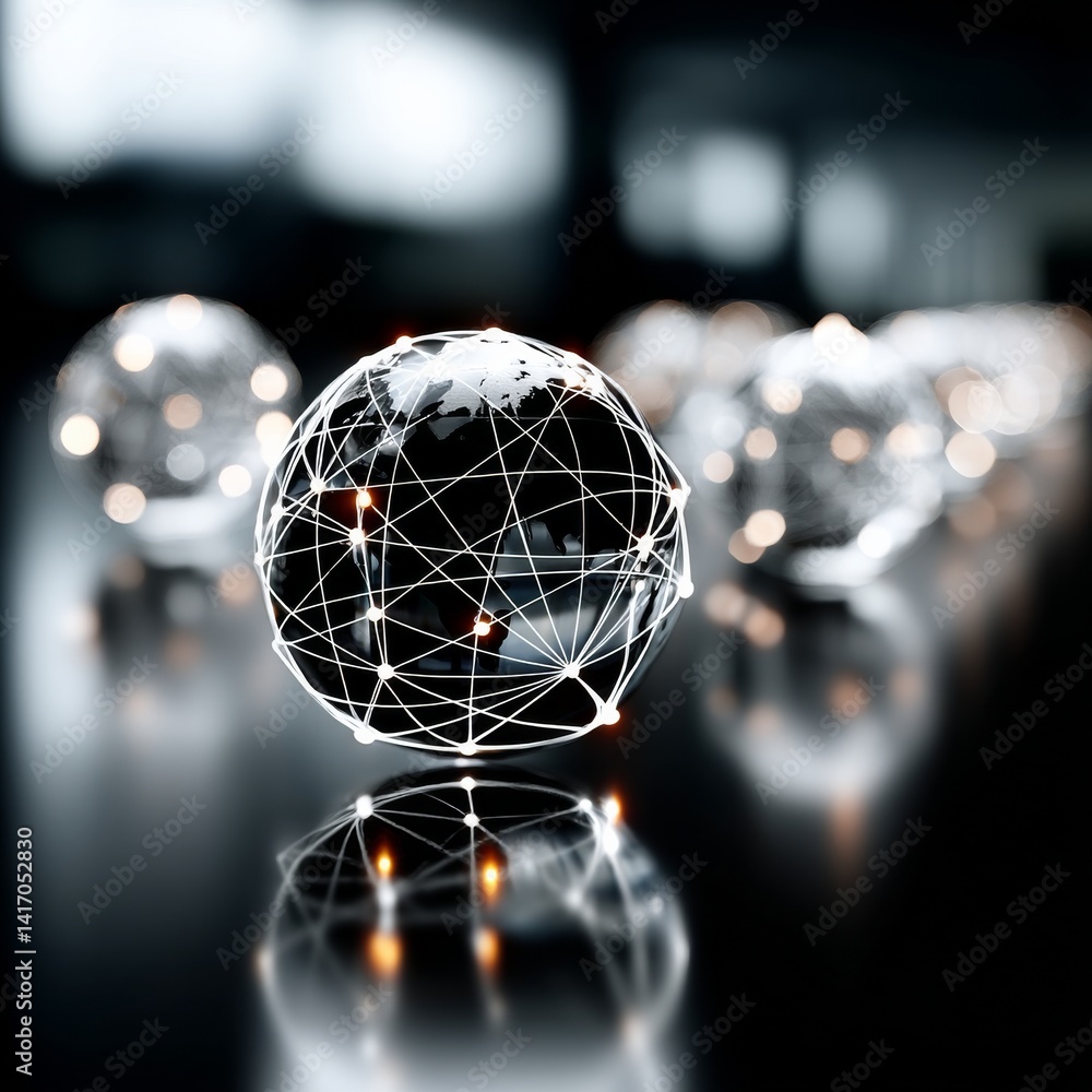 Aufkleber Global Network Connectivity: Abstract World Globe with Interconnected Nodes and Data Visualization on a Reflective Surface.