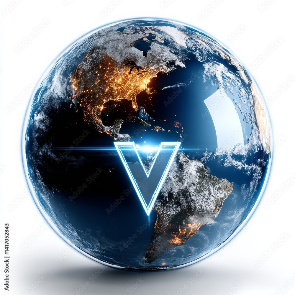 Poster global network: planet earth with a neon 'v' overlay, representing modern connectivity and technolog