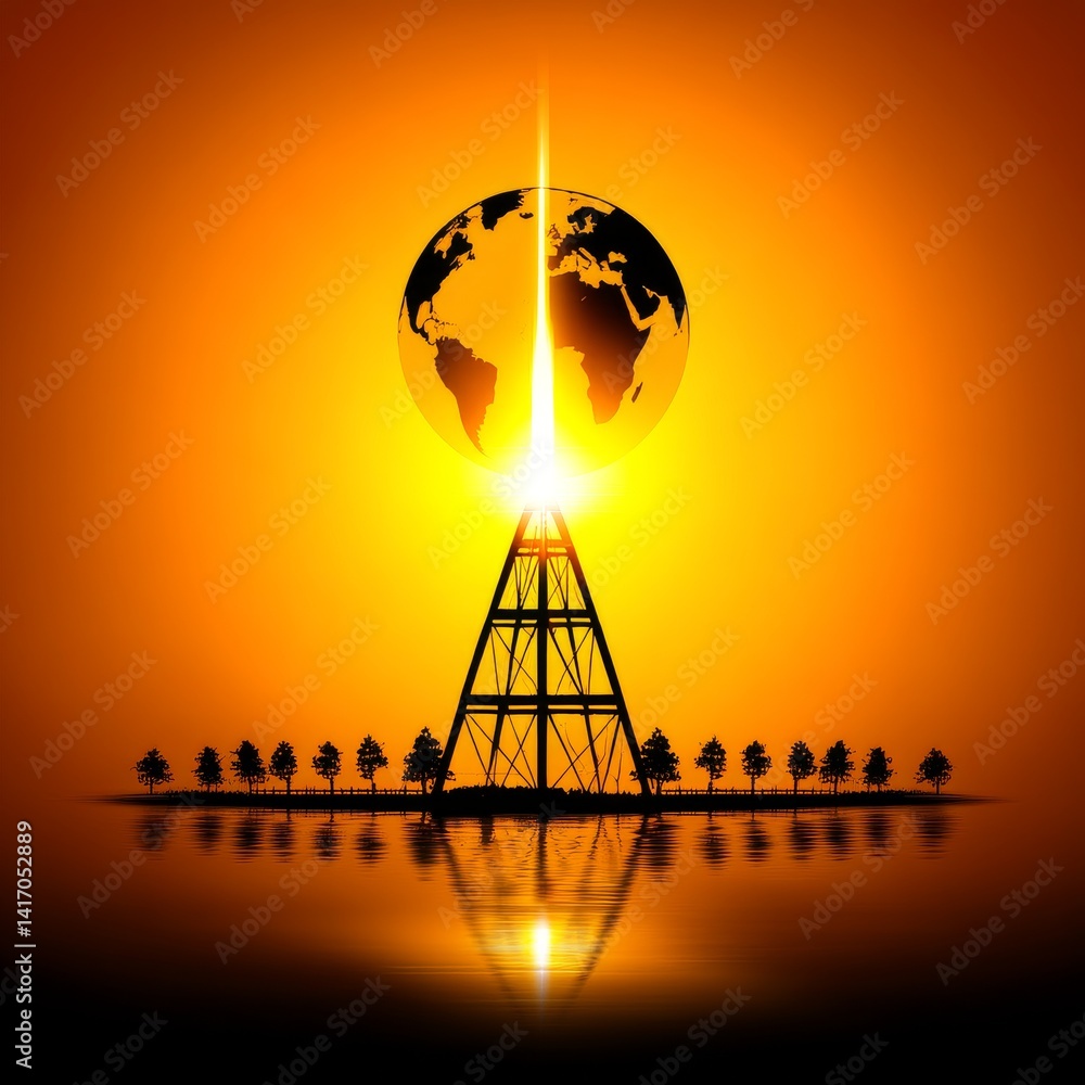 Poster golden horizon: structure and globe radiating light, reflection on water, row of trees in silhouette