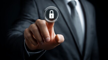 Businessman in suit activates key, symbolizing access and control in corporate environment