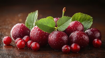 Fresh red cherries and berries with droplets on a rustic wooden surface