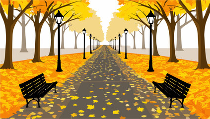 Autumn background with city park with yellow trees and fallen leaves. Vector illustration